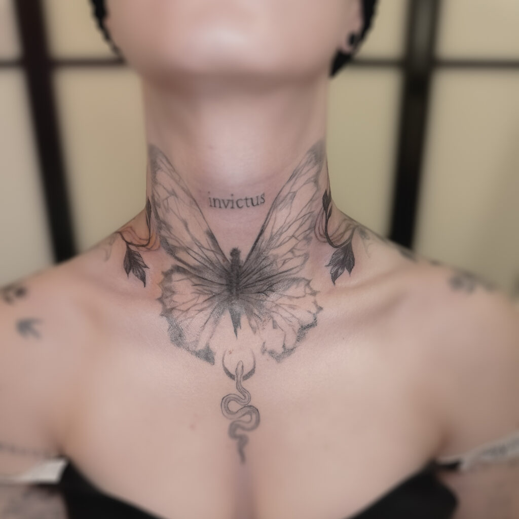 florales Fineline Tattoo am Hals und Dekolleté mit symmetrischem Design